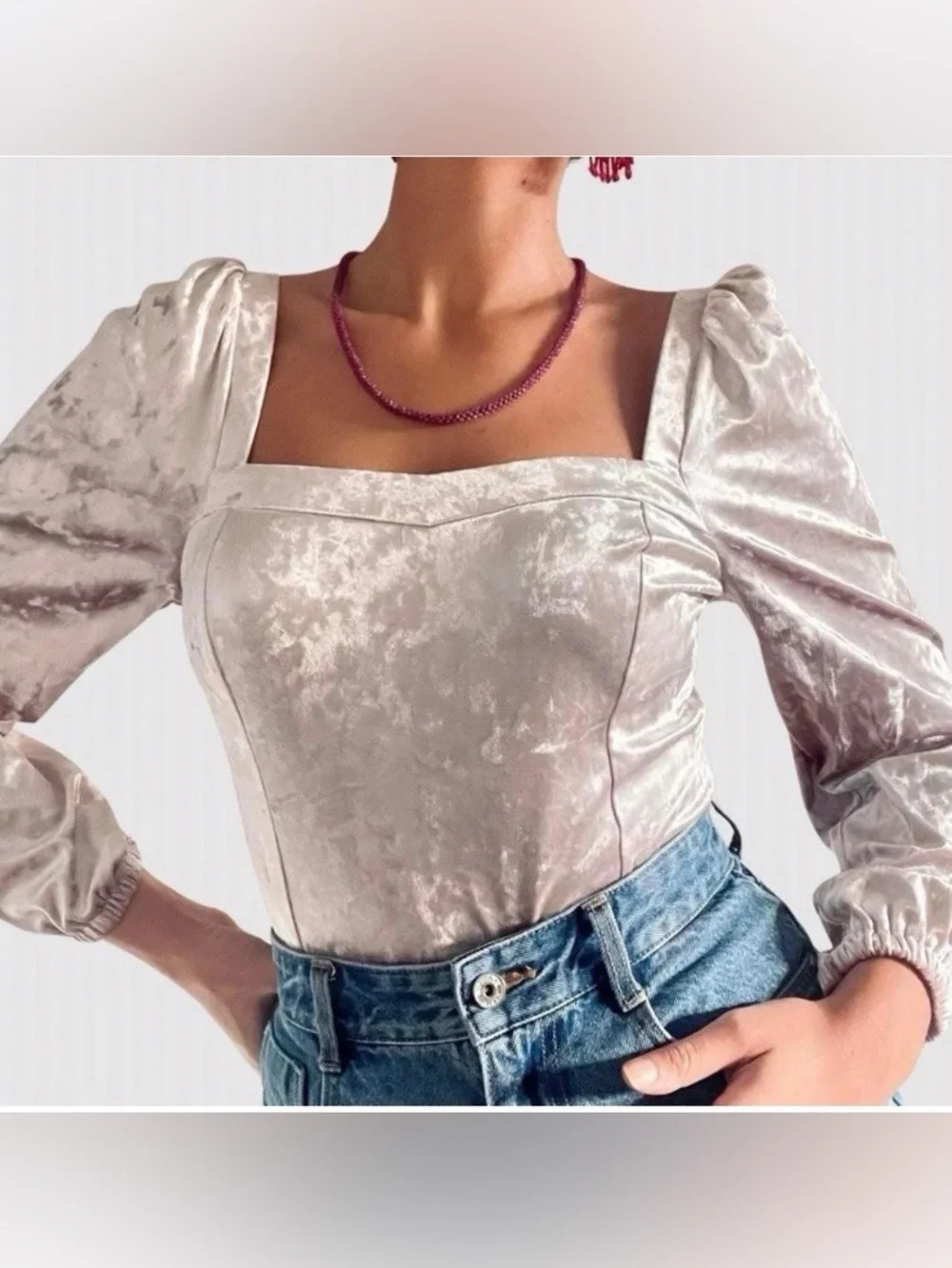 Anthropologie Jessima Neutral Blush Velvet Square Neck Puff Sleeve Top L